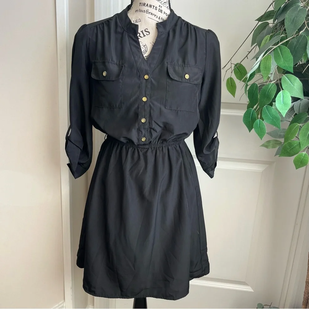 Charlotte Russe Button-Front Shirt Mini Dress Black Sz S